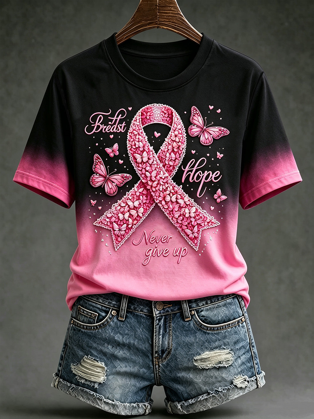 T-shirt à manches courtes décontracté imprimé motif principal de sensibilisation au cancer du sein pour femmes