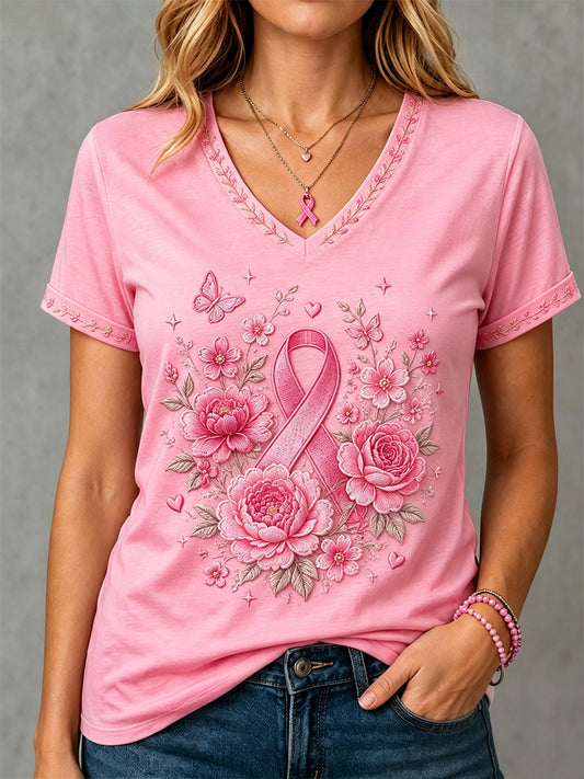 Femmes Rose Imprimé Floral Soutien Soutien Du Cancer Du Sein V-Neck Tee