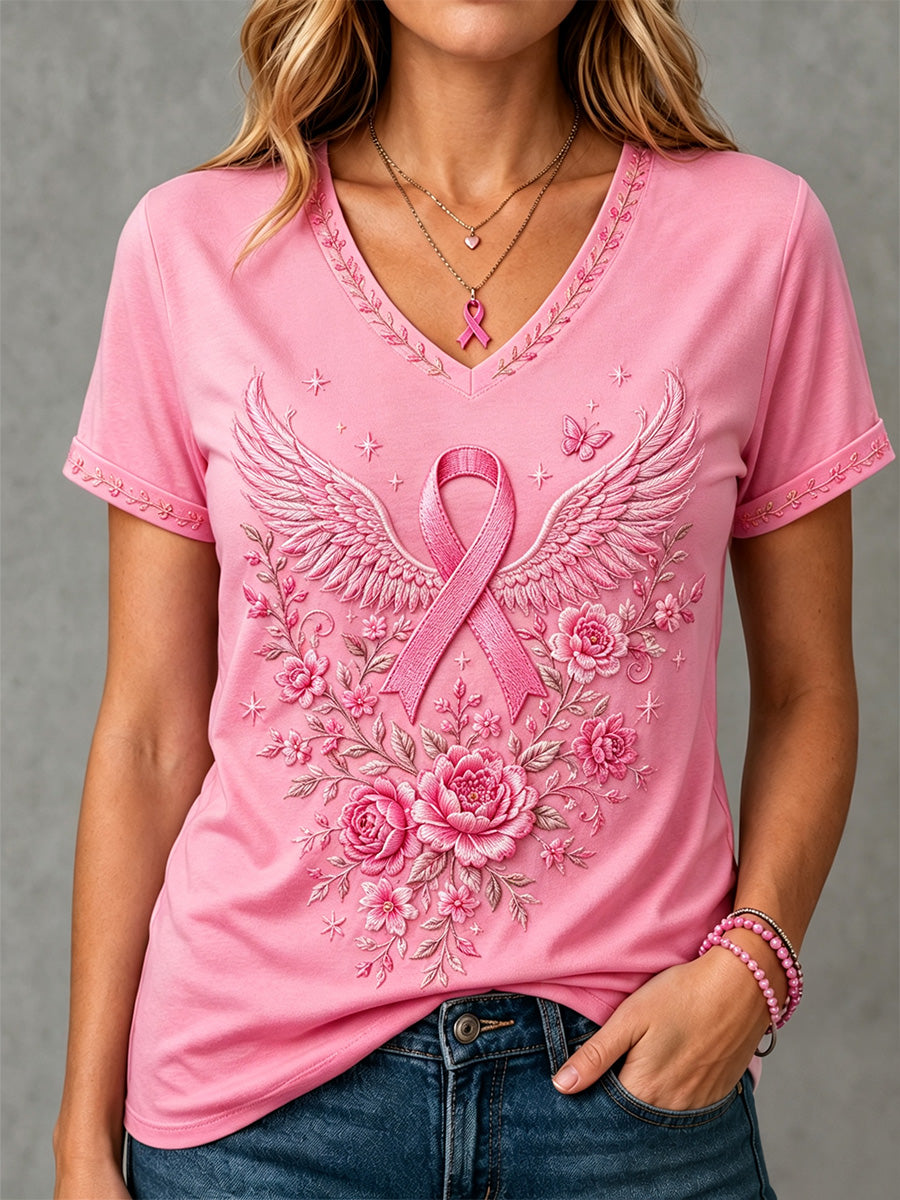T-shirt à col en V pour le soutien à la sensibilisation au cancer du sein, imprimé floral rose pour femmes