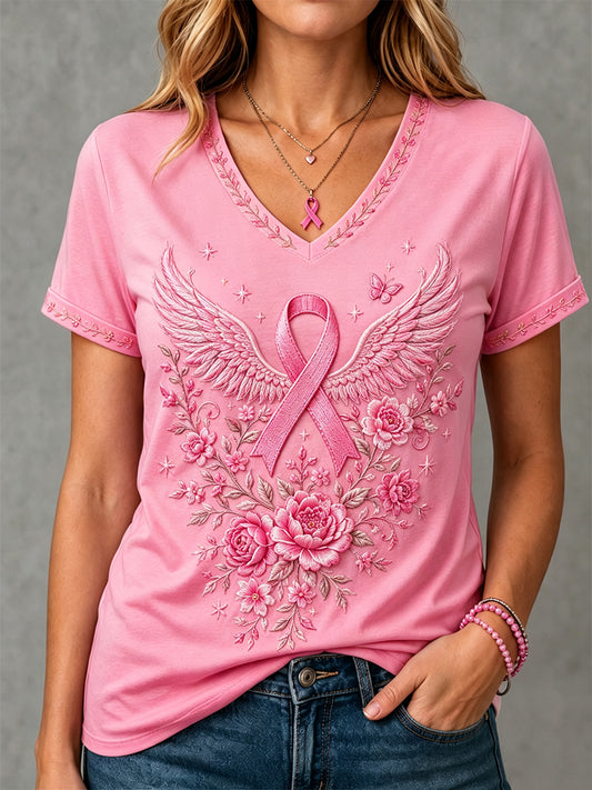 T-shirt à col en V pour le soutien à la sensibilisation au cancer du sein, imprimé floral rose pour femmes