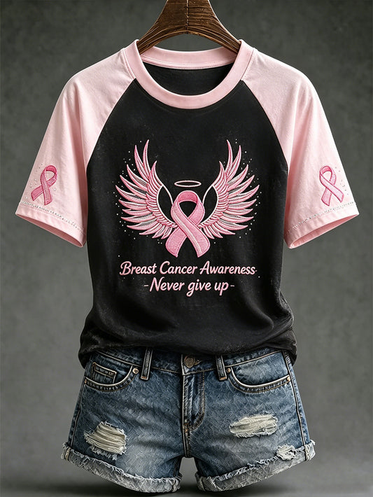 T-shirt décontracté à manches courtes, imprimé d’un motif principal de sensibilisation au cancer du sein chez la femme