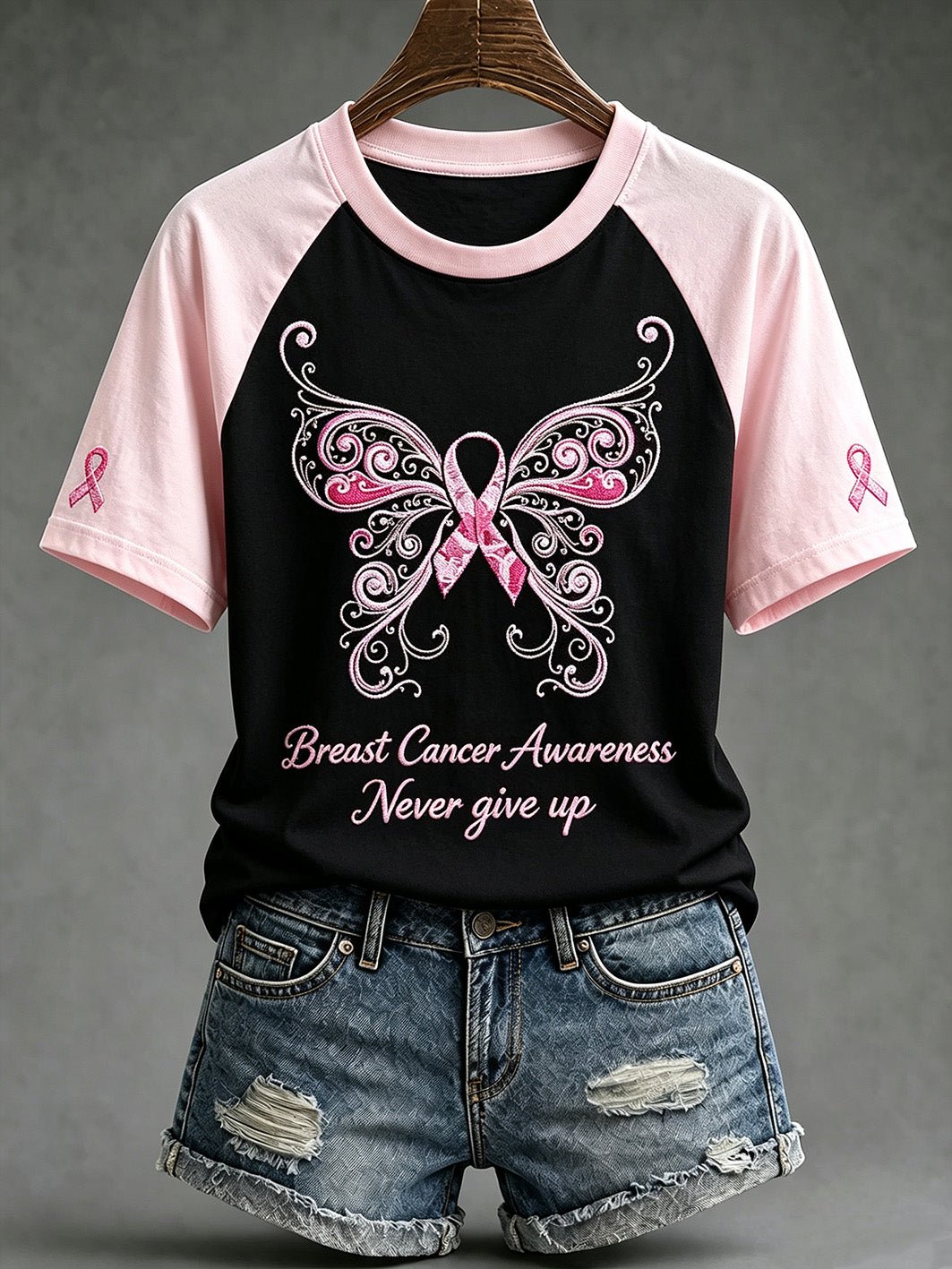 T-shirt décontracté à manches courtes, imprimé d’un motif principal de sensibilisation au cancer du sein chez la femme