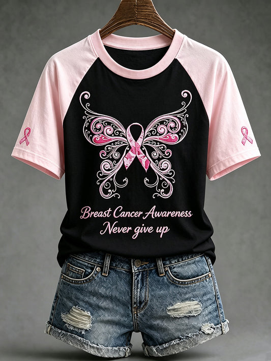 T-shirt décontracté à manches courtes, imprimé d’un motif principal de sensibilisation au cancer du sein chez la femme