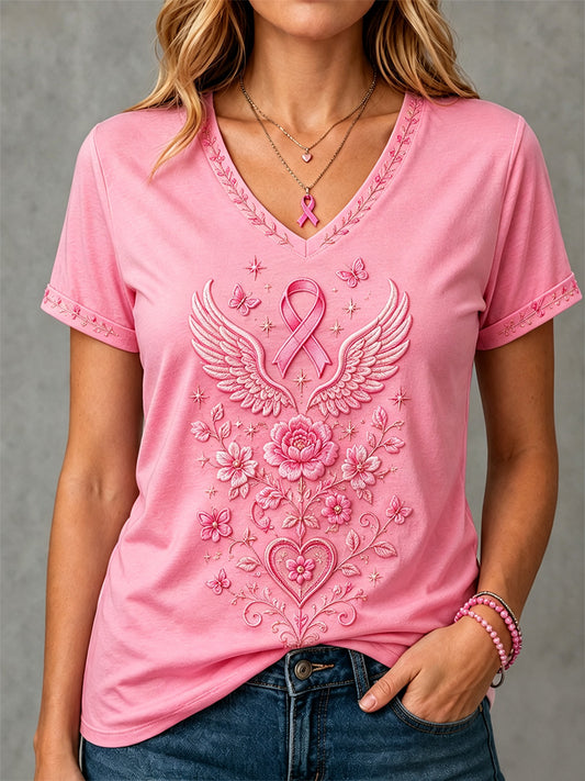 T-shirt à col en V pour le soutien à la sensibilisation au cancer du sein, imprimé floral rose pour femmes