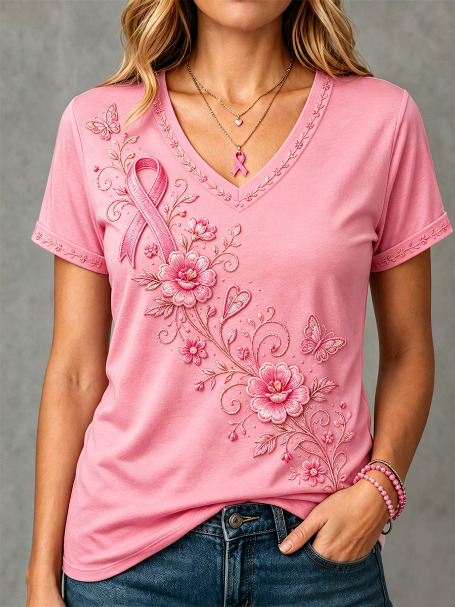 T-shirt à col en V pour le soutien à la sensibilisation au cancer du sein, imprimé floral rose pour femmes