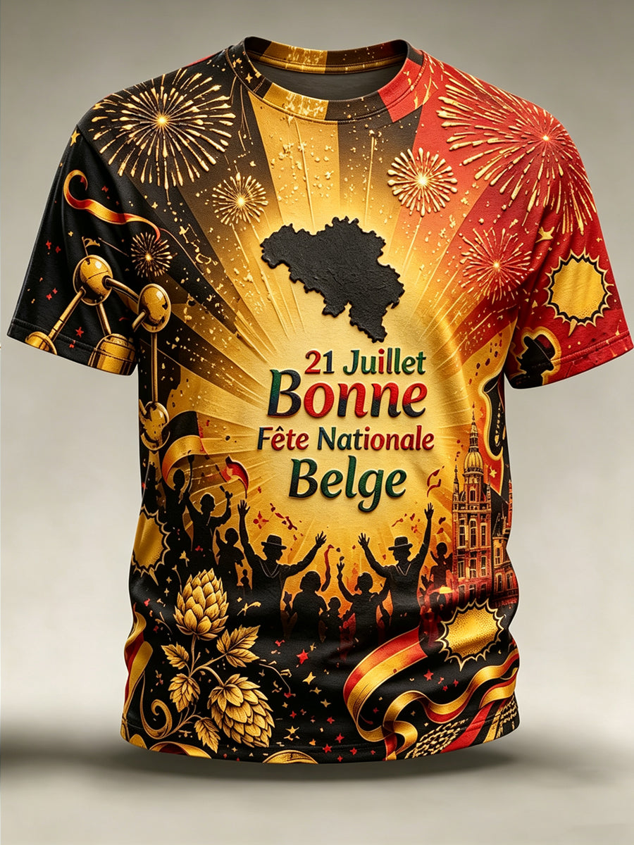 T-shirt vintage à manches courtes, ample, imprimé, à la mode, pour la fête nationale de la Belgique, pour hommes