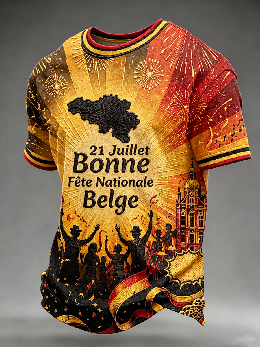 T-shirt vintage à manches courtes, ample, imprimé, à la mode, pour la fête nationale de la Belgique, pour hommes