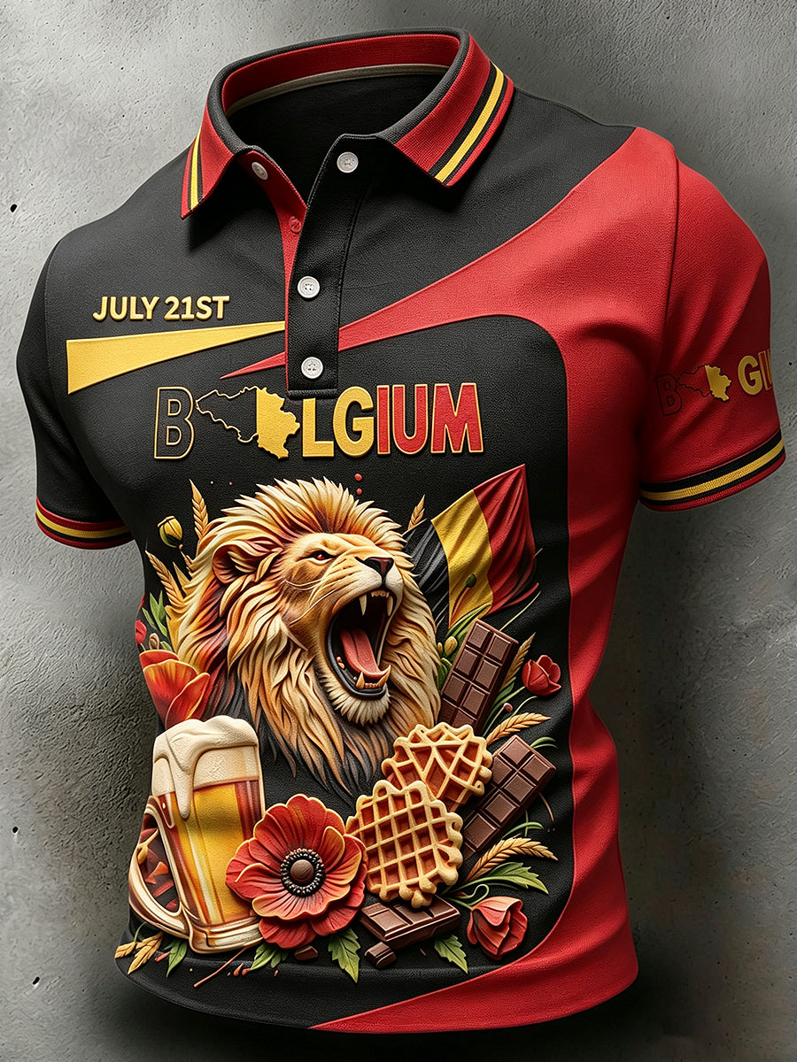 Polo imprimé à col pour la fête nationale de la Belgique, manches courtes, décontracté pour homme