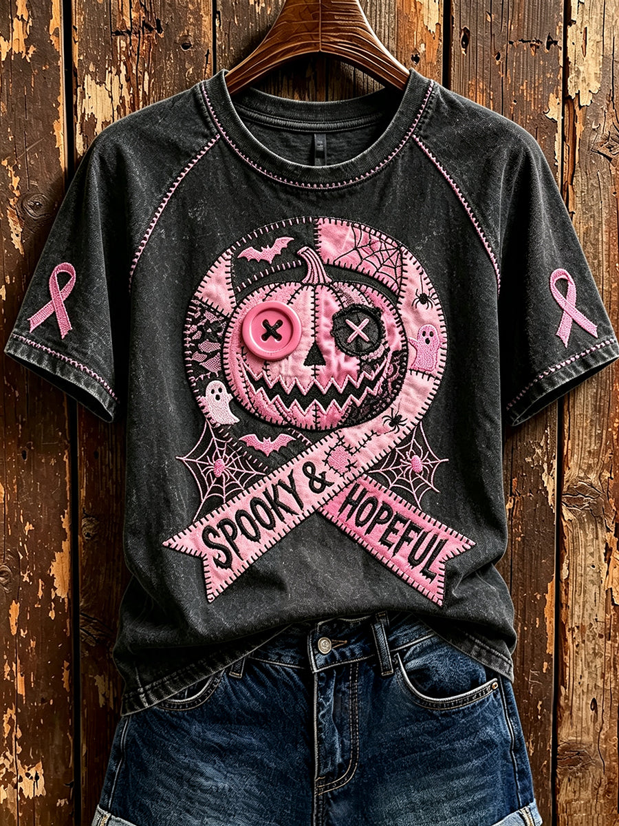 T-shirt Femme Spooky & Hope Rose Ruban Citrouille Imprimé Col Rond Manches Courtes