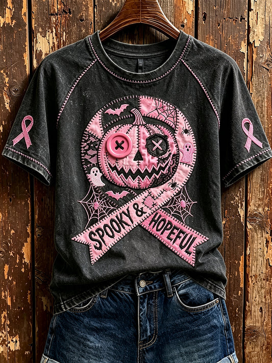 T-shirt Femme Spooky & Hope Rose Ruban Citrouille Imprimé Col Rond Manches Courtes