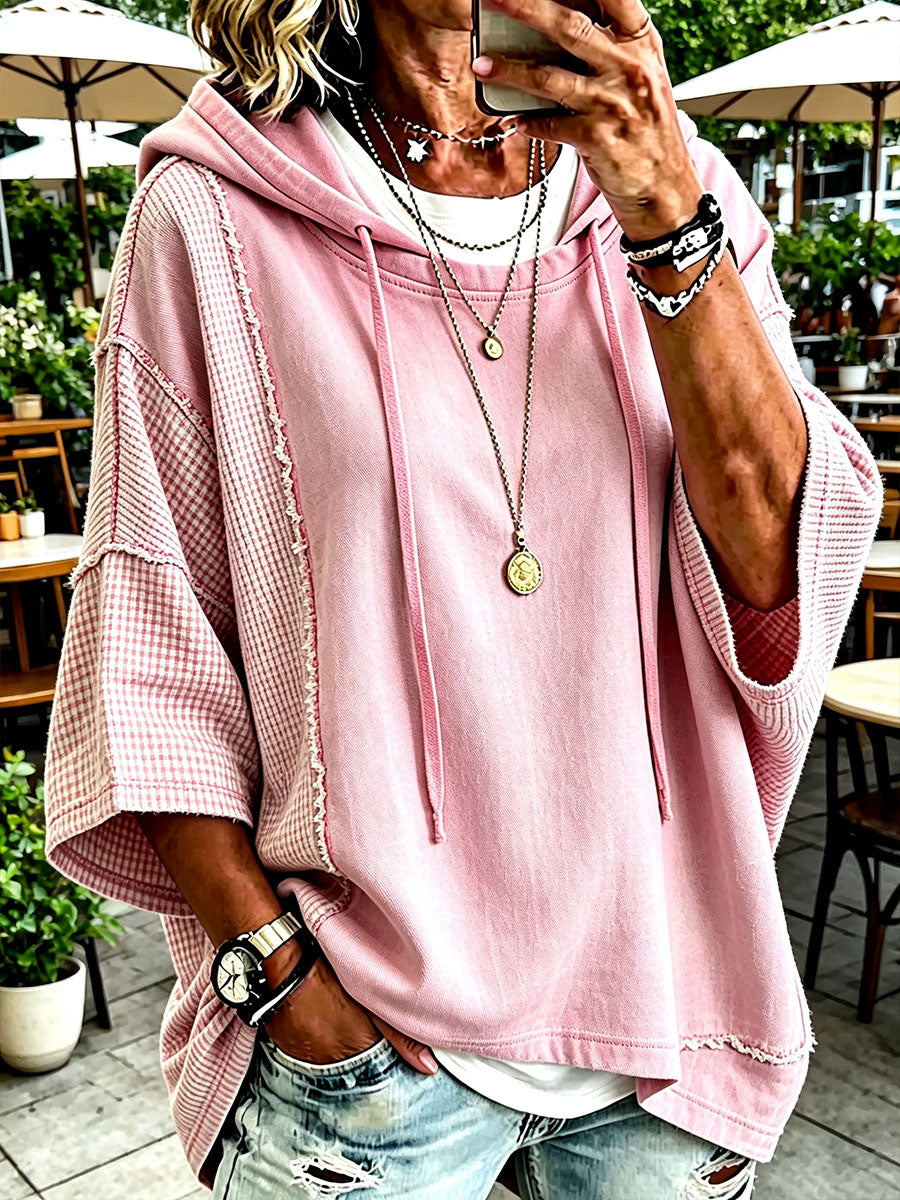 Sweat à capuche artistique en patchwork à carreaux roses pour femme