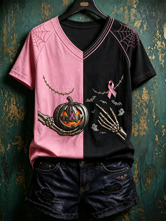 Vintage Rose Ruban Citrouille Imprimer Contraste Couleur T-shirt à manches courtes