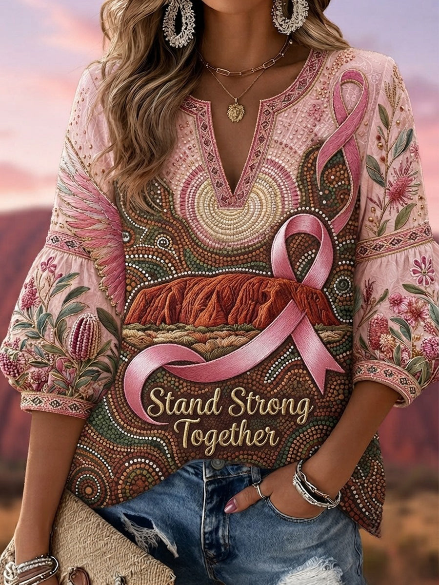 Sensibilisation au cancer du sein des femmes Australie coton lin col V Top