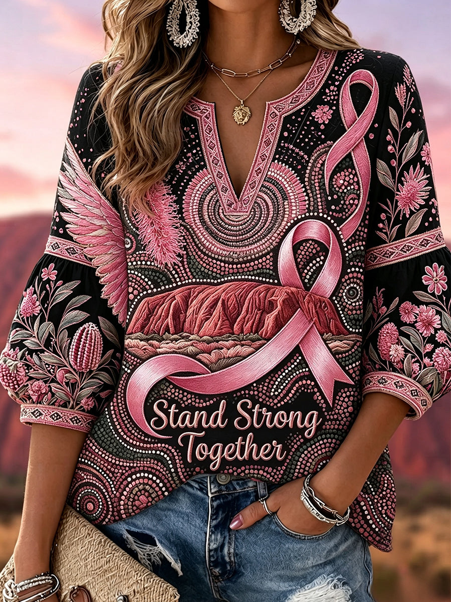 Sensibilisation au cancer du sein des femmes Australie coton lin col V Top