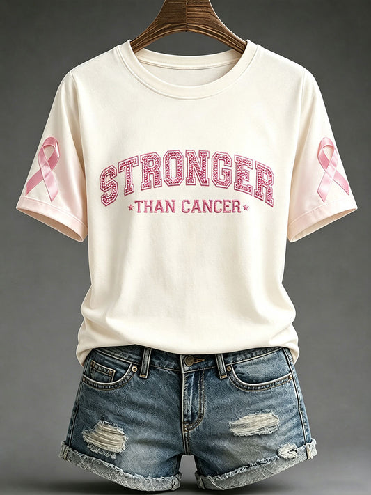 T-shirt femme «Stronger Than Cancer» avec ruban rose pour sensibilisation au cancer du sein