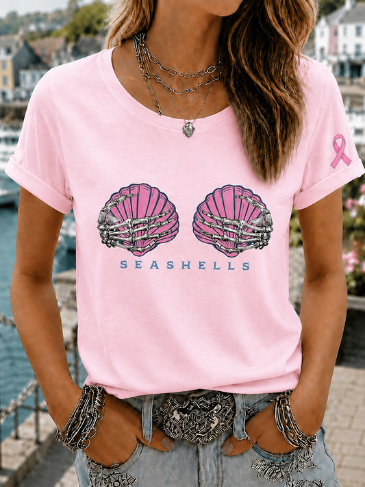 T-shirt rose à imprimé pour la sensibilisation au cancer du sein, avec perruque sirène et motif «Mermaid March» pour femmes