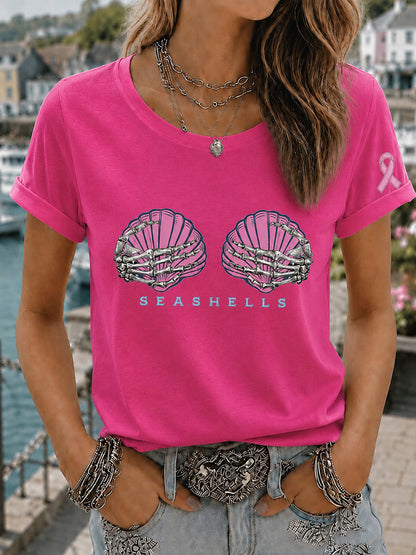 T-shirt rose à imprimé pour la sensibilisation au cancer du sein, avec perruque sirène et motif «Mermaid March» pour femmes