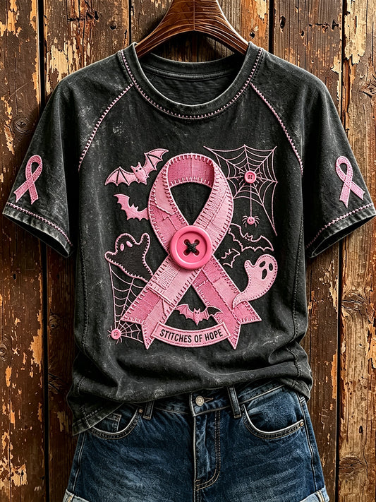 Femmes Points De L'espoir Ruban Rose Halloween Imprimer Col Rond À Manches Courtes T-shirt