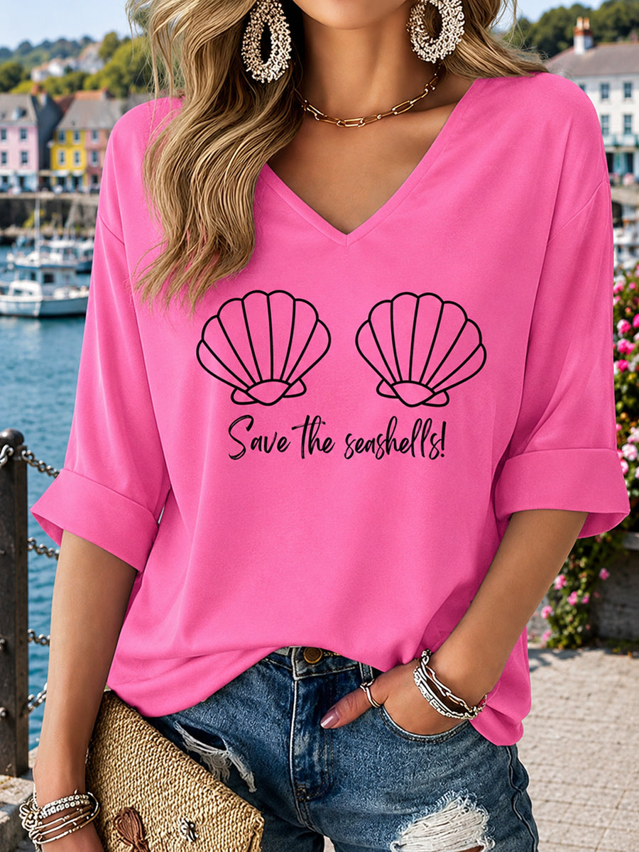 Femme Rose Perruque Sirène Mars Cancer du sein Sensibilisation Imprimer Mi-longueur Manches V-Neck T-Shirt