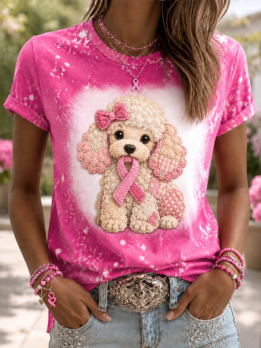 T-shirt de soutien à la sensibilisation au cancer du sein, imprimé chien avec ruban rose, pour l’espoir d’une cure chez les femmes