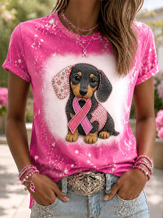 T-shirt de soutien à la sensibilisation au cancer du sein, imprimé chien avec ruban rose, pour l’espoir d’une cure chez les femmes