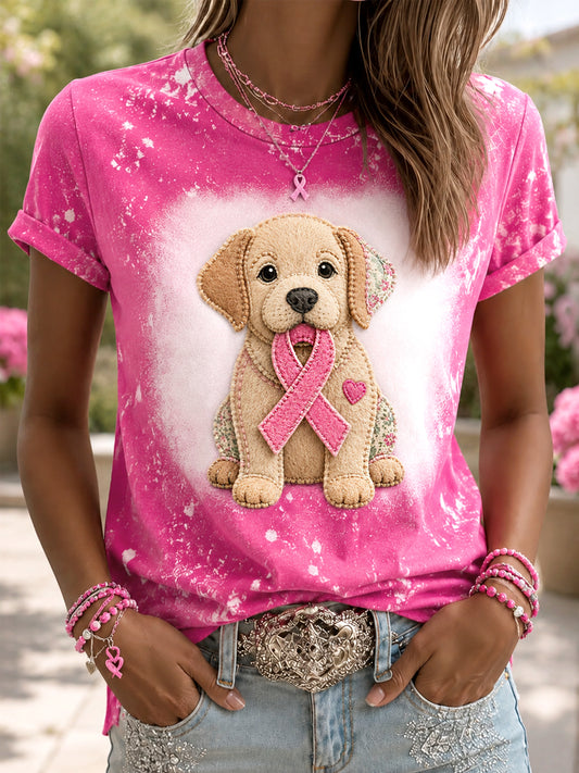 T-shirt de soutien à la sensibilisation au cancer du sein, imprimé chien avec ruban rose, pour l’espoir d’une cure chez les femmes