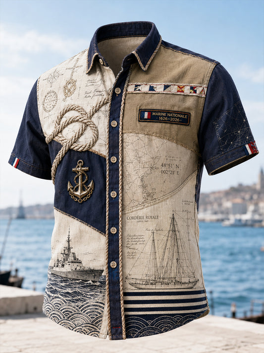 Chemise décontractée pour homme, marine française, manches courtes