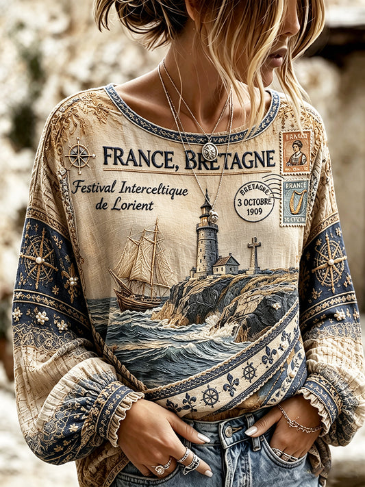 T-shirt léger en coton-lin, à protection solaire, imprimé rétro français Lorient et motifs celtes pour femme