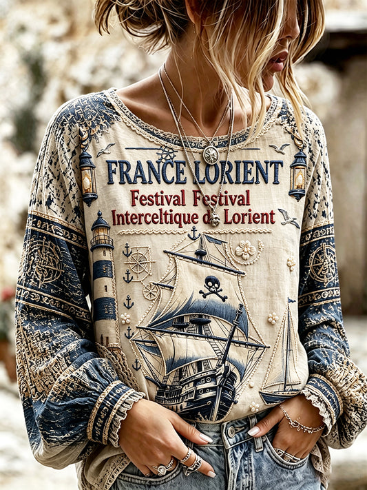 T-shirt léger en coton-lin, à protection solaire, imprimé du Festival celtique de Lorient, pour femme