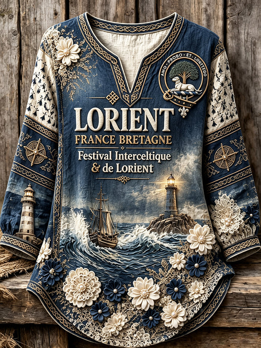 Haut maximaliste en coton-lin, frais et tendance, pour femme, bleu profond, imprimé du festival celte de Lorient, France