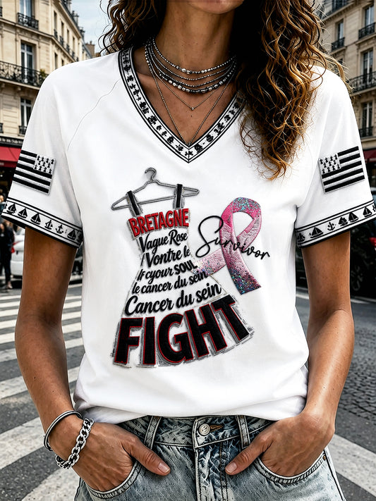 T-shirt blanc décontracté à col en V pour femmes, imprimé Cancer du sein de Bretagne, France