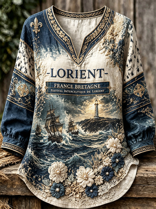 Haut décontracté et tendance en coton-lin, imprimé du festival celte de Lorient, style maximaliste pour femme