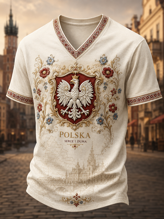 Męski t-shirt z V-kształtnym dekoltem w kolorze polskiej flagi