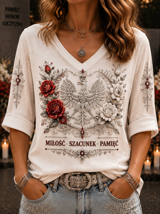 Damski t-shirt w stylu retro z polskim motywem okolicznościowym, na co dzień, z dekoltem w kształcie litery V