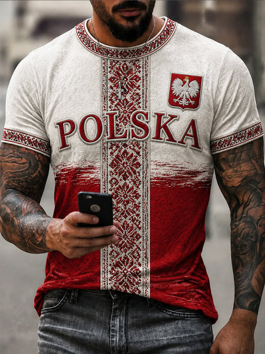 Retro koszulka w stylu folkowym z patchworkiem i orłem, polski fason na co dzień