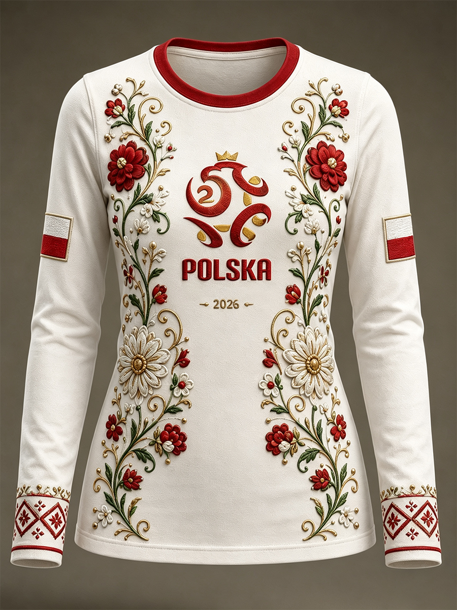 Damski t-shirt z polską piłką nożną, z okrągłym dekoltem i długim rękawem
