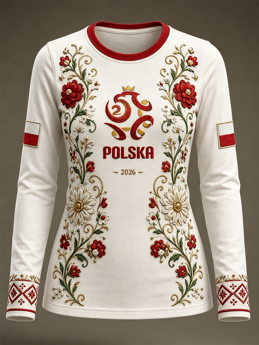 Damski t-shirt z polską piłką nożną, z okrągłym dekoltem i długim rękawem