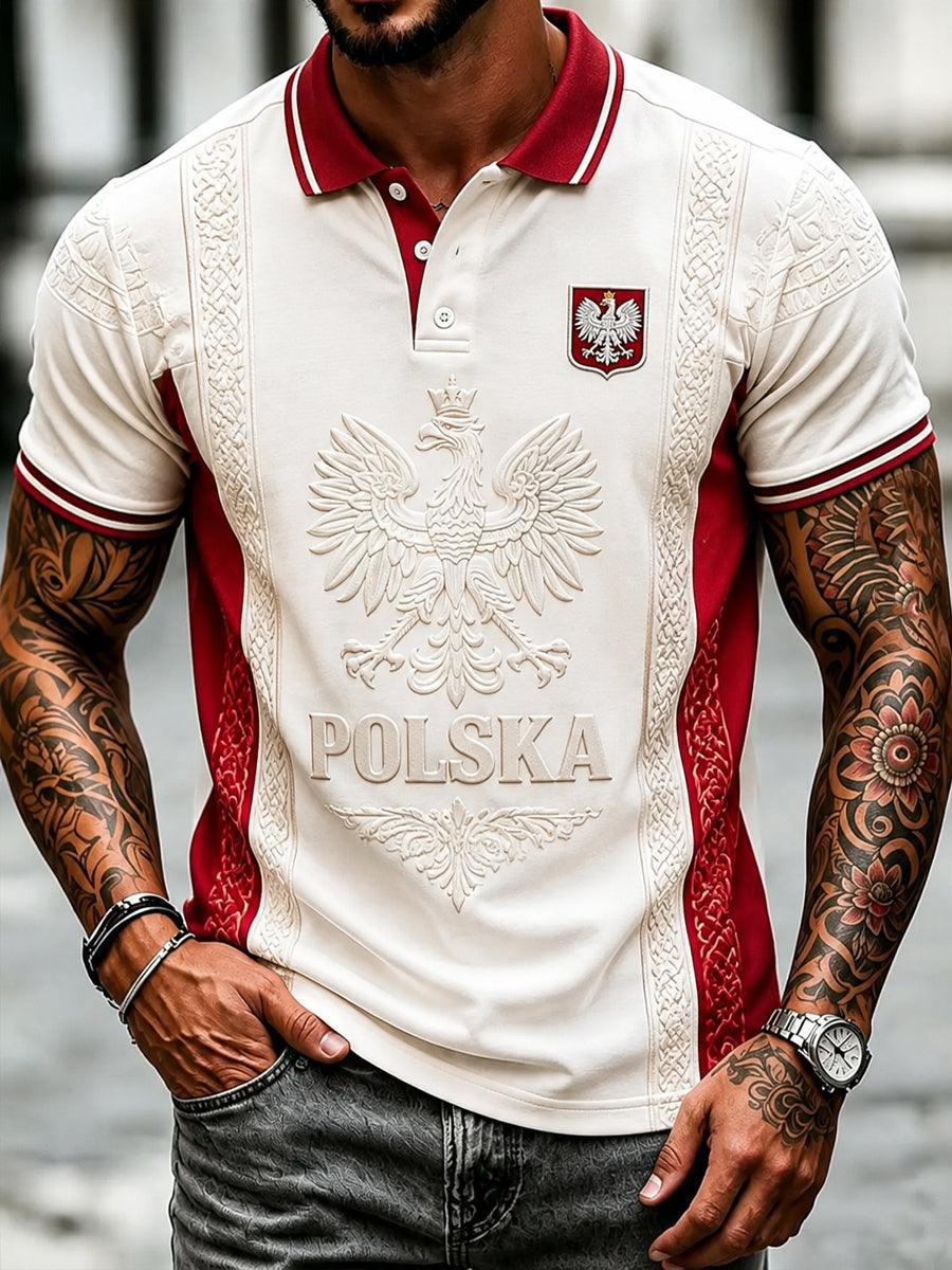 Retro polska koszulka polo z białym orłem w stylu casual