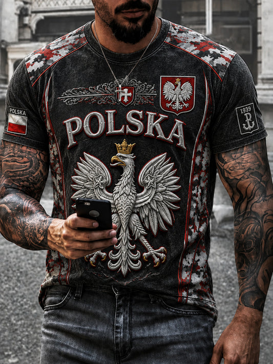 Stary polski t-shirt w stylu casual z patchworkowym wzorem w stylu wojskowym i orłem