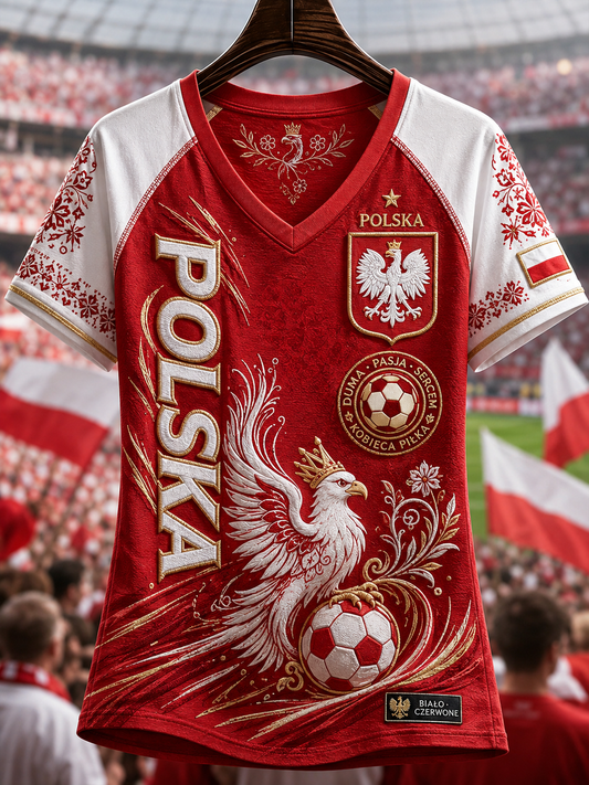 Damski polski t-shirt z dekoltem w serek i odkrytymi ramionami, z krótkim rękawem