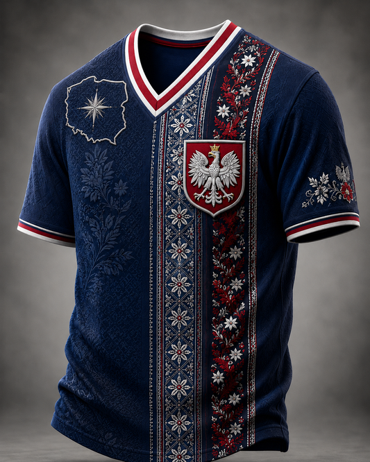 Męski t-shirt z V-kształtnym dekoltem w kolorze polskiej flagi