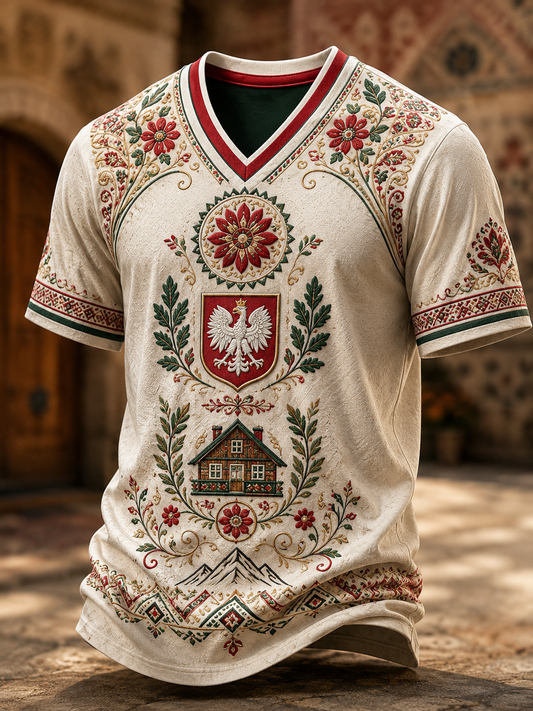 Męski t-shirt z V-kształtnym dekoltem w kolorze polskiej flagi