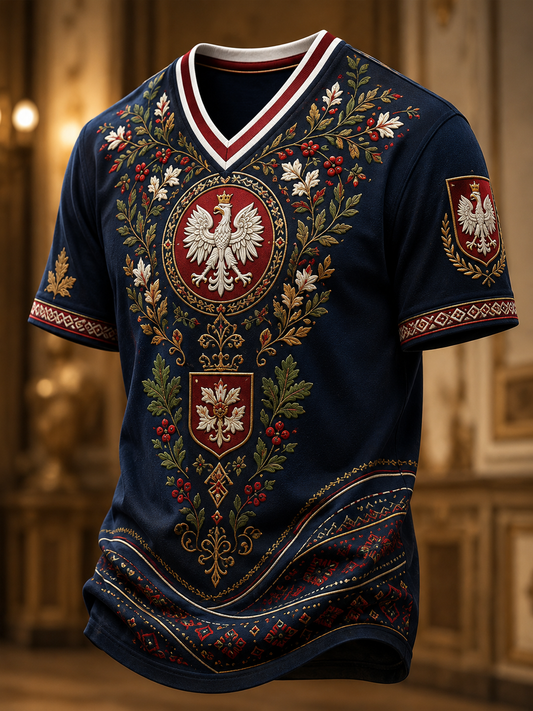 Męski t-shirt z V-kształtnym dekoltem w kolorze polskiej flagi