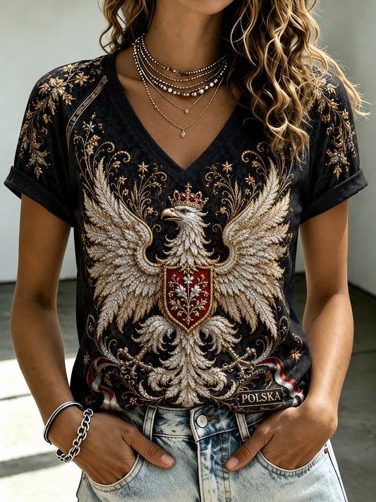 Damski t-shirt w polski wzór z dekoltem w serek i odkrytymi ramionami, z krótkim rękawem