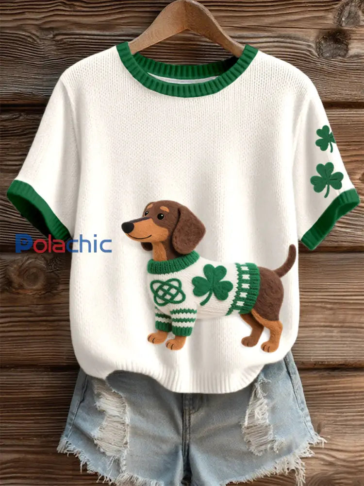 St. Patrick’s Day inspiré Teckel Motif Knit Top des femmes Blanc-Crémeux / S