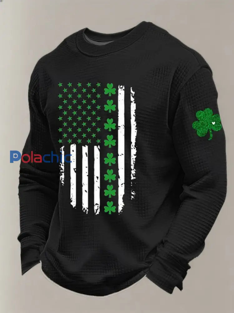 St. Patrick’s Day Shamrock Imprimer Waffle Sweatshirt Noir / S