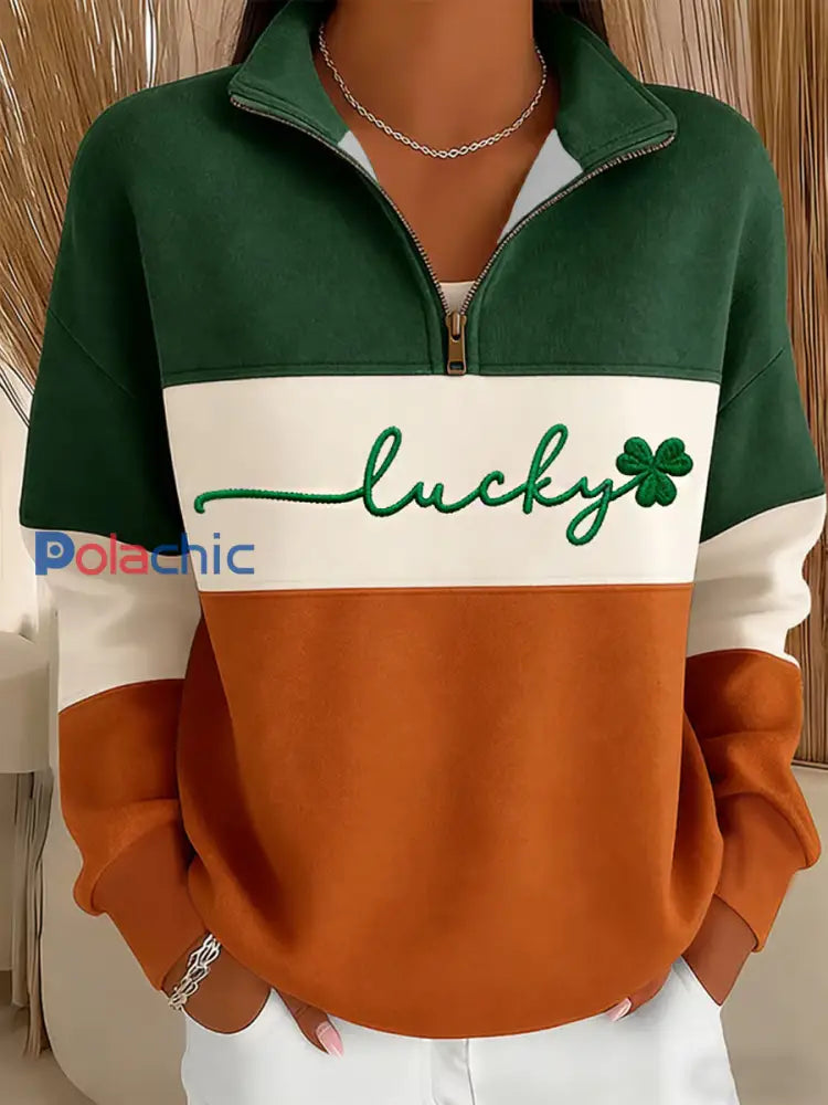 St. Patrick’s Day Shamrock Print Casual Sweatshirt Femme comme image / S