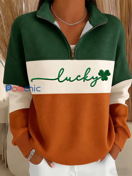 St. Patrick’s Day Shamrock Print Casual Sweatshirt Femme comme image / S