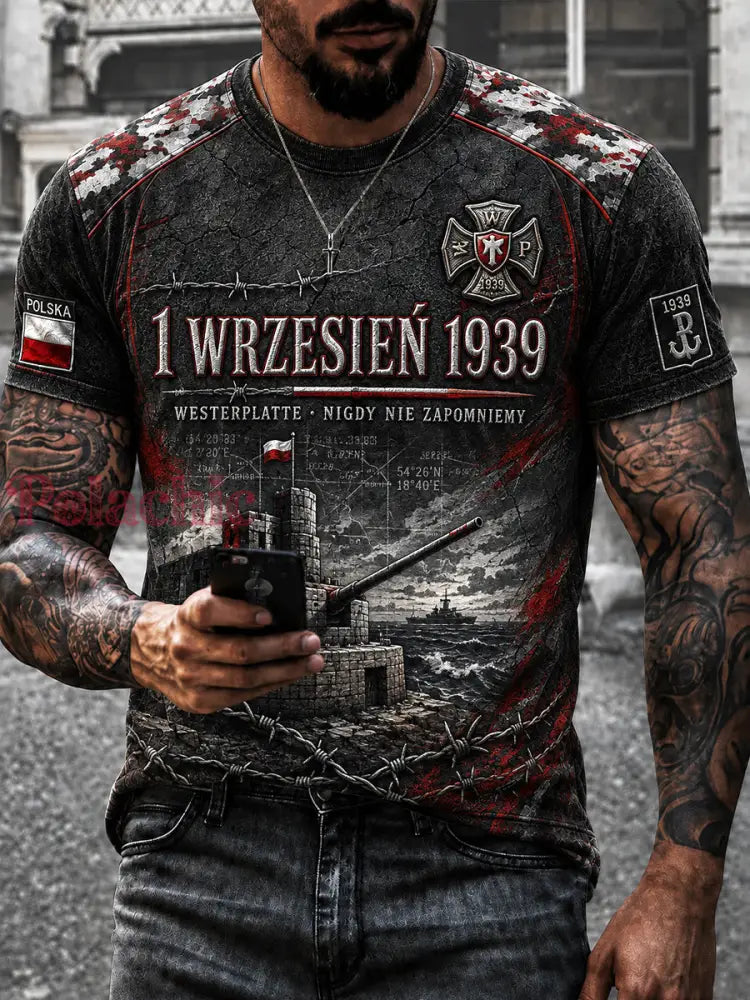 Stary polski koszulka pamiątkowa dla weteranów z 1939 roku na co dzień - Jak na zdjęciu / S