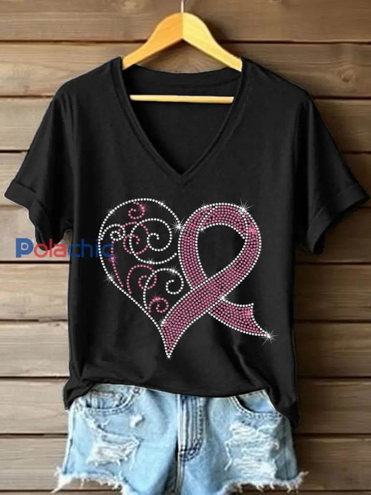 Strass Rose Ruban Motif V-Neck T-Shirt des femmes Noir / S